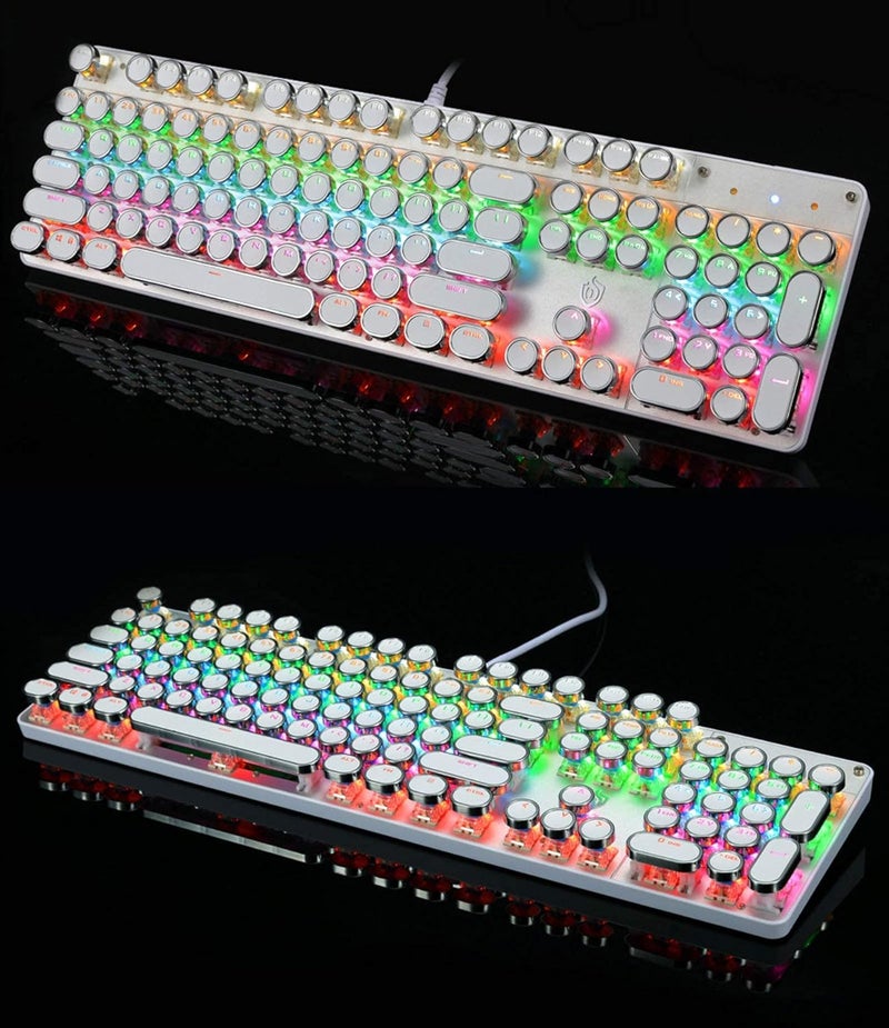 YSCP Typewriter Style Mechanical Gaming Keyboard LED Backlit Wired with Blue Switch Retro Round Keycap 104 Keys Keyboard (White 104 Keys LED) - Image 5